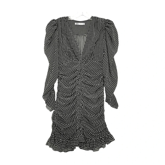 ZARA Black and Cream Patterned Ruched Mini Dress Size Medium - Picture 4 of 9